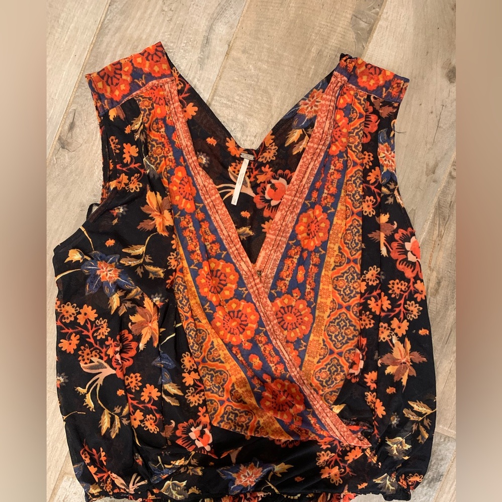 Free People Black & Orange Floral Blouse
